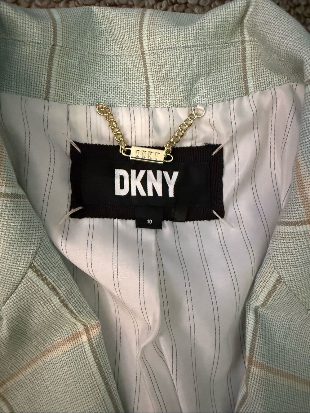 DKNY Mint Plaid Double-Breasted Blazer with Gold Buttons - Picture 4 of 6